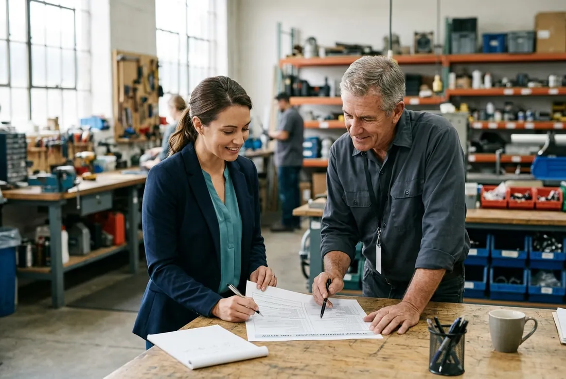 Small business manager reviewing and approving work orders beside a technician in a repair shop office.