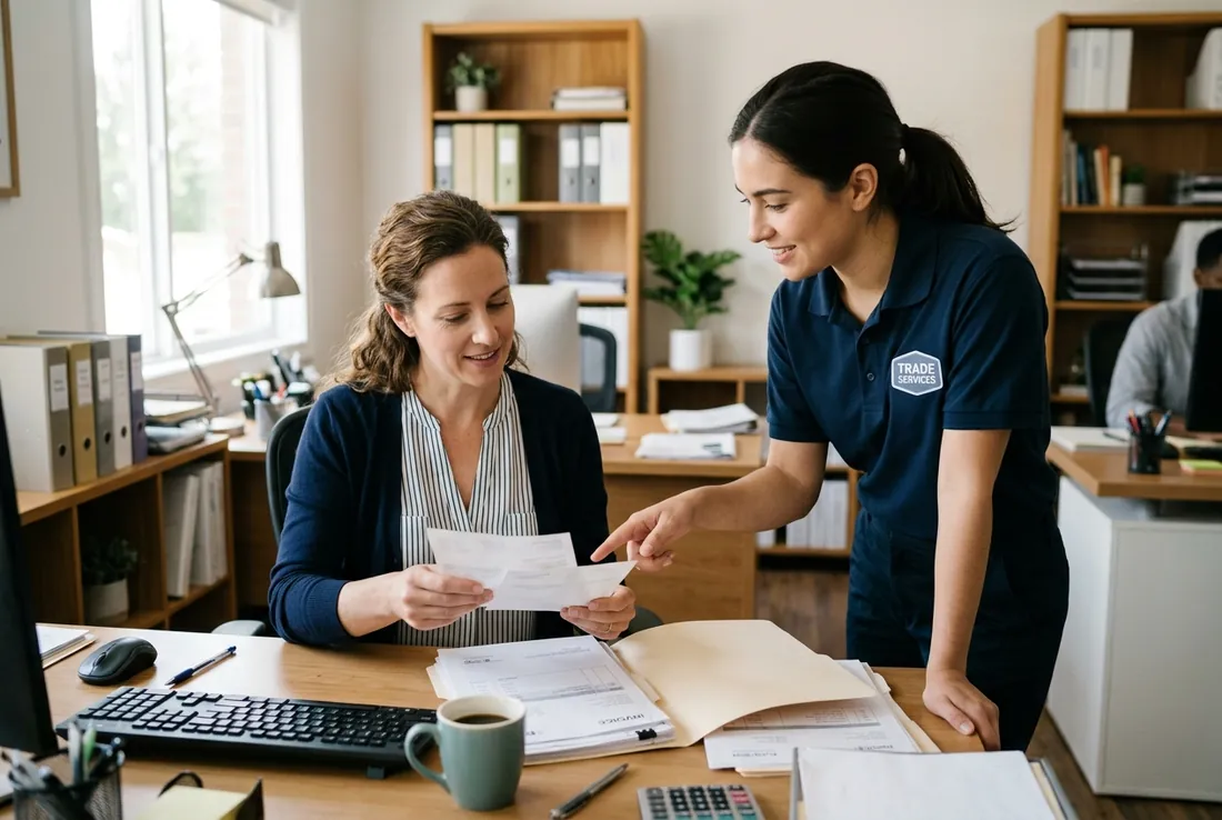 Office accountant matching supplier invoices and purchase orders beside desk equipment in a service business.