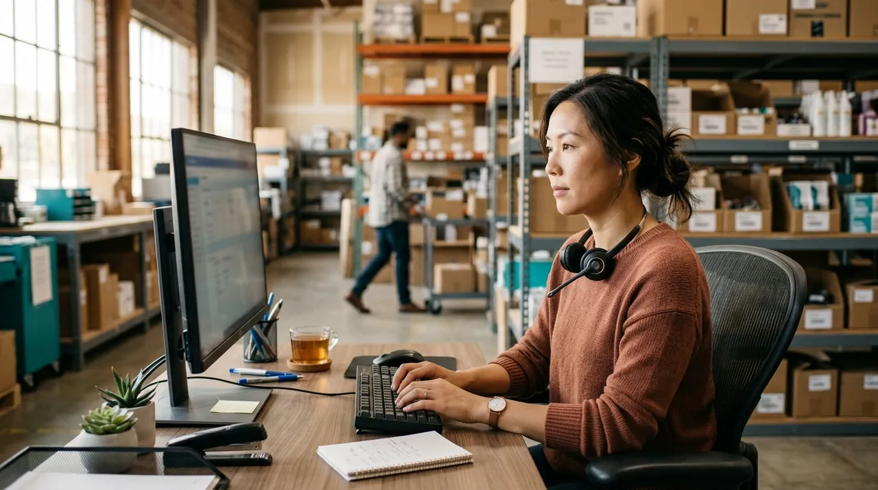 Customer service manager at an office desk handling inquiries with an ai chatbot for customer service workflow.