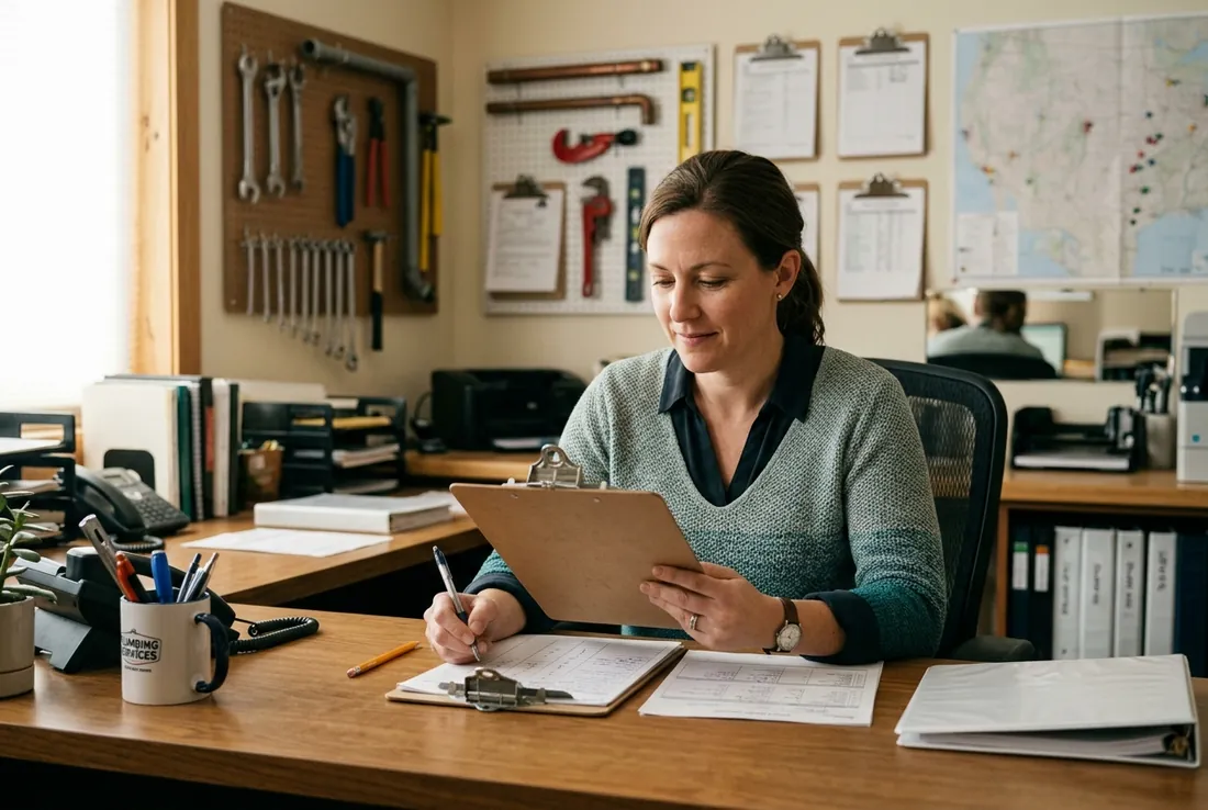 Small business office dispatcher organizing customer service appointment requests at a contractor office desk.