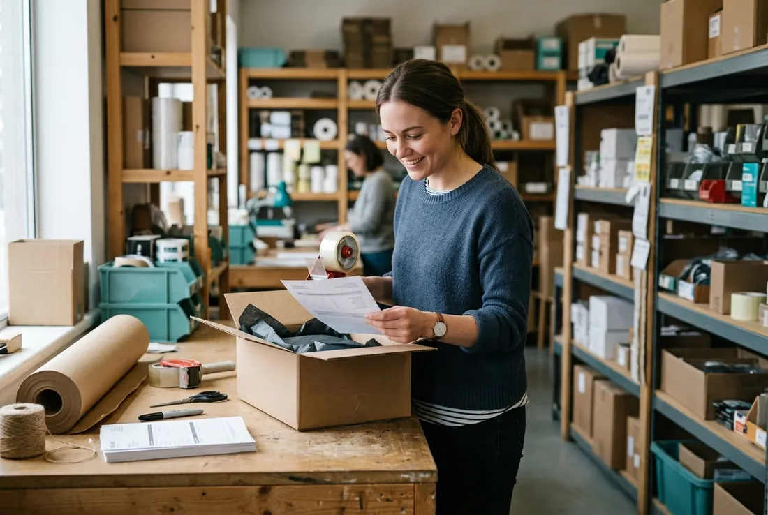 Small business employee processing an order return document at a packing station integrated with support tools.