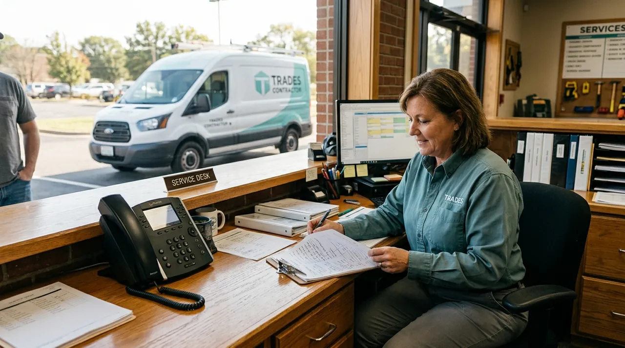 An office dispatcher at a local contractor desk near a phone, illustrating an AI phone answering service setting.