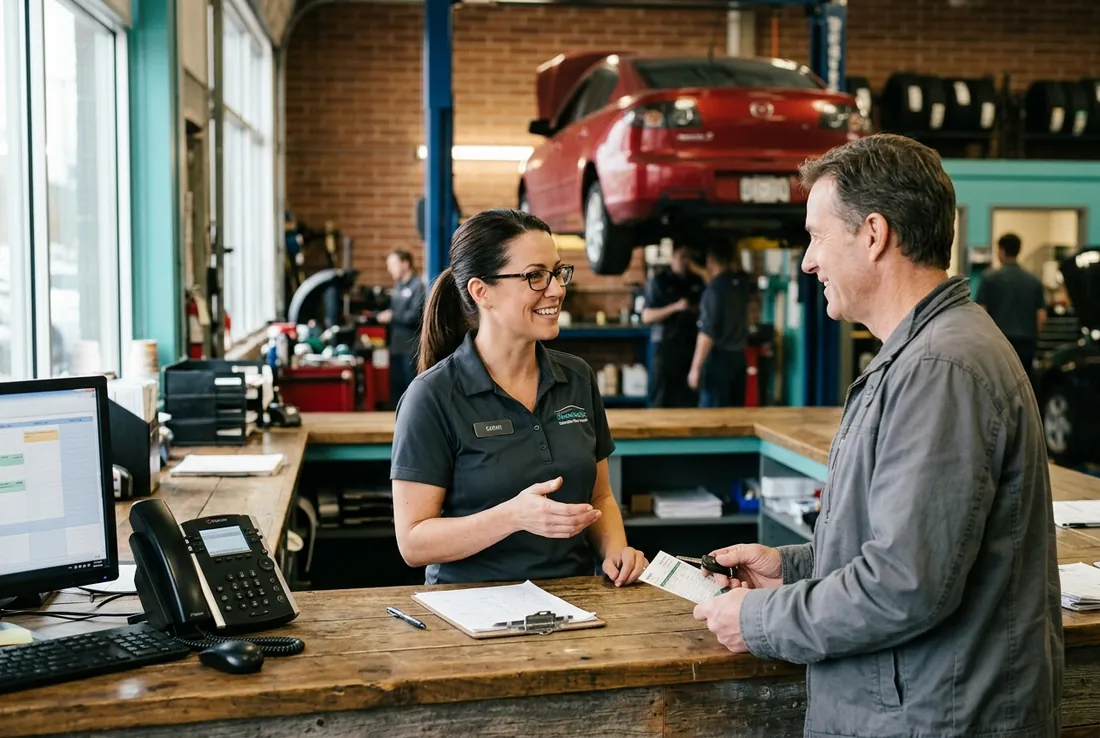 An auto shop desk clerk attending an in-person customer while the telephone rings unattended.