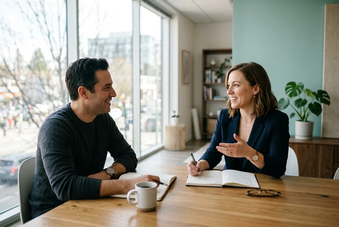 A business manager having a focused in-person client consultation in a bright modern office.