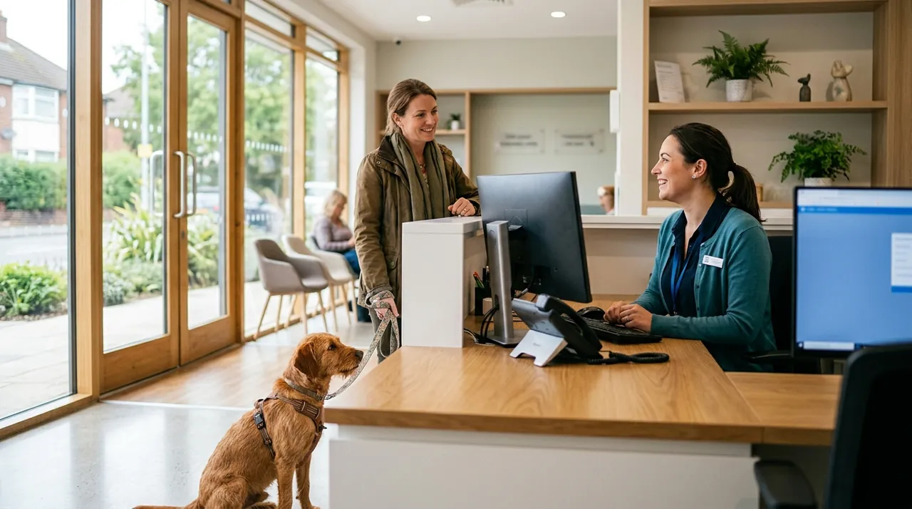 Receptionist assisting an in-person client while an AI receptionist handles incoming phone calls.