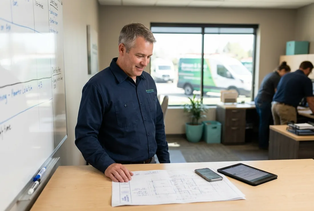 Service company manager reviewing scheduled customer appointments organized by an AI receptionist.