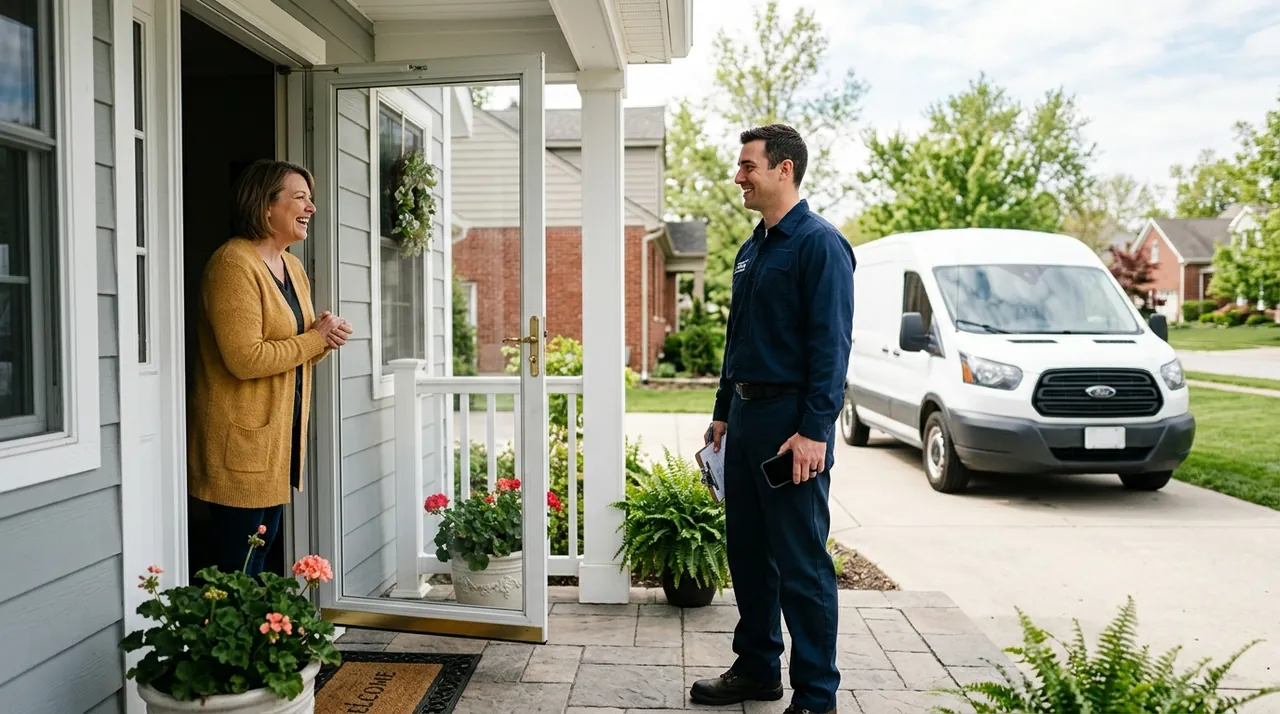 A home service technician greeting a homeowner after sending an automated text message arrival update.