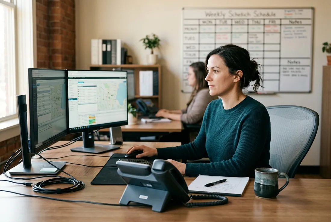 An office dispatcher at a computer managing scheduled jobs with automated text message workflows.