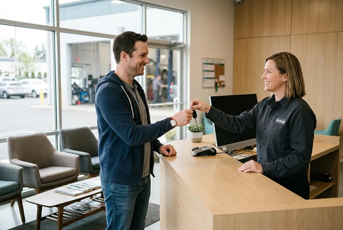 Customer picking up keys at a service desk following an automated text message notification.