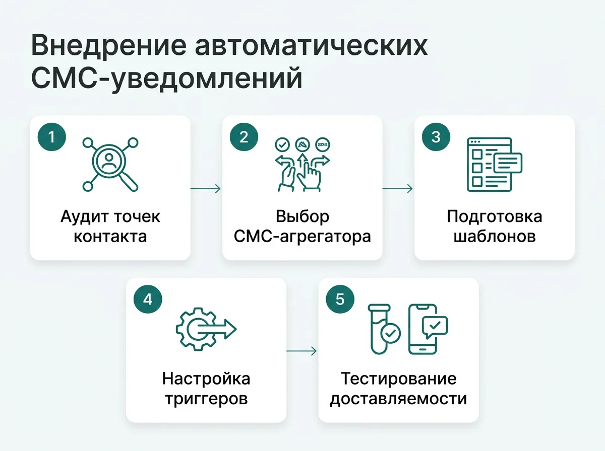 Внедрение автоматических СМС-уведомлений: 1. Аудит точек контакта — Выпишите этапы клиентского пути и выберите два-три приоритетных триггера для автоматической отправки; 2. Выбор СМС-агрегатора — Заключите договор с провайдером и согласуйте официальное буквенное имя отправителя у операторов связи; 3. Подготовка шаблонов — Составьте короткие тексты до семидесяти символов кириллицы без лишних слов, чтобы исключить склейку; 4. Настройка триггеров — Настройте роботов в CRM-системе на нужных стадиях сделки и включите валидацию телефонных номеров; 5. Тестирование доставляемости — Отправьте тестовые сообщения на разные операторы и проверьте корректность подстановки переменных данных