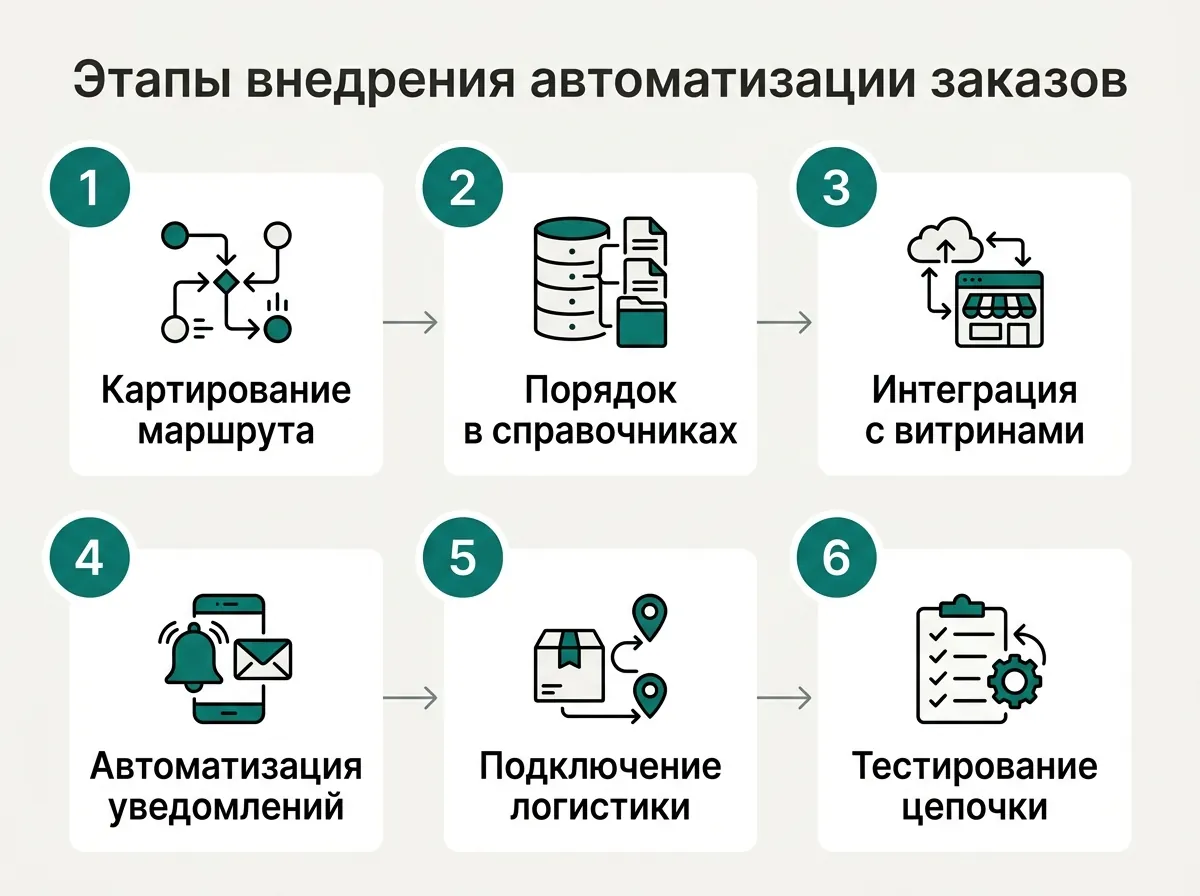 Этапы внедрения автоматизации заказов: 1. Картирование маршрута — Перенесите текущий путь заявки на схему, устранив лишние согласования и дублирующие действия; 2. Порядок в справочниках — Устраните задвоенные карточки товаров и внесите единые артикулы, штрихкоды и габариты упаковок; 3. Интеграция с витринами — Настройте синхронизацию остатков и автоматический сбор заказов с сайтов и маркетплейсов; 4. Автоматизация уведомлений — Подключите отправку сервисных сообщений о статусе посылки через SMS и мессенджеры; 5. Подключение логистики — Интегрируйте онлайн-оплату и сервисы доставки для автоматической печати накладных и вызова курьеров; 6. Тестирование цепочки — Проверьте процесс на одном канале продаж, отработайте возвраты и масштабируйте решение