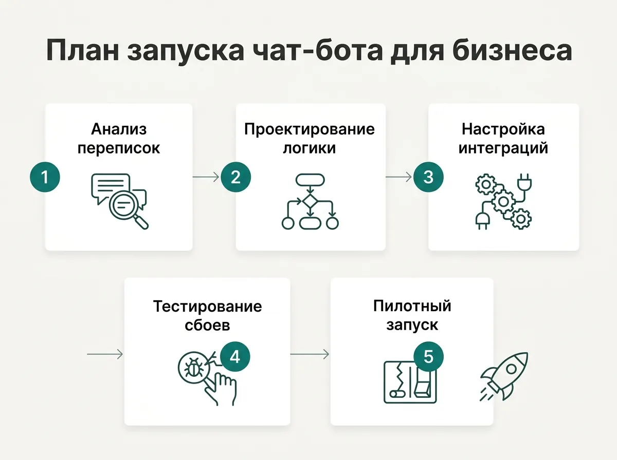 План запуска чат-бота для бизнеса: 1. Анализ переписок — Изучите диалоги за пару месяцев и выделите повторяющиеся вопросы клиентов для создания базового сценария; 2. Проектирование логики — Нарисуйте блок-схему сценария и составьте понятные короткие тексты сообщений без сложных формулировок; 3. Настройка интеграций — Соберите сценарий в конструкторе и настройте прямую передачу контактов и сделок в CRM; 4. Тестирование сбоев — Проверьте поведение бота при нестандартных ответах и убедитесь в надежном переводе на оператора; 5. Пилотный запуск — Запустите помощника на часть входящего трафика и оперативно дорабатывайте сценарии по логам