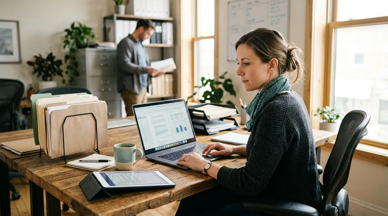 Small business operations manager at an office desk handling document automation for small business tasks.