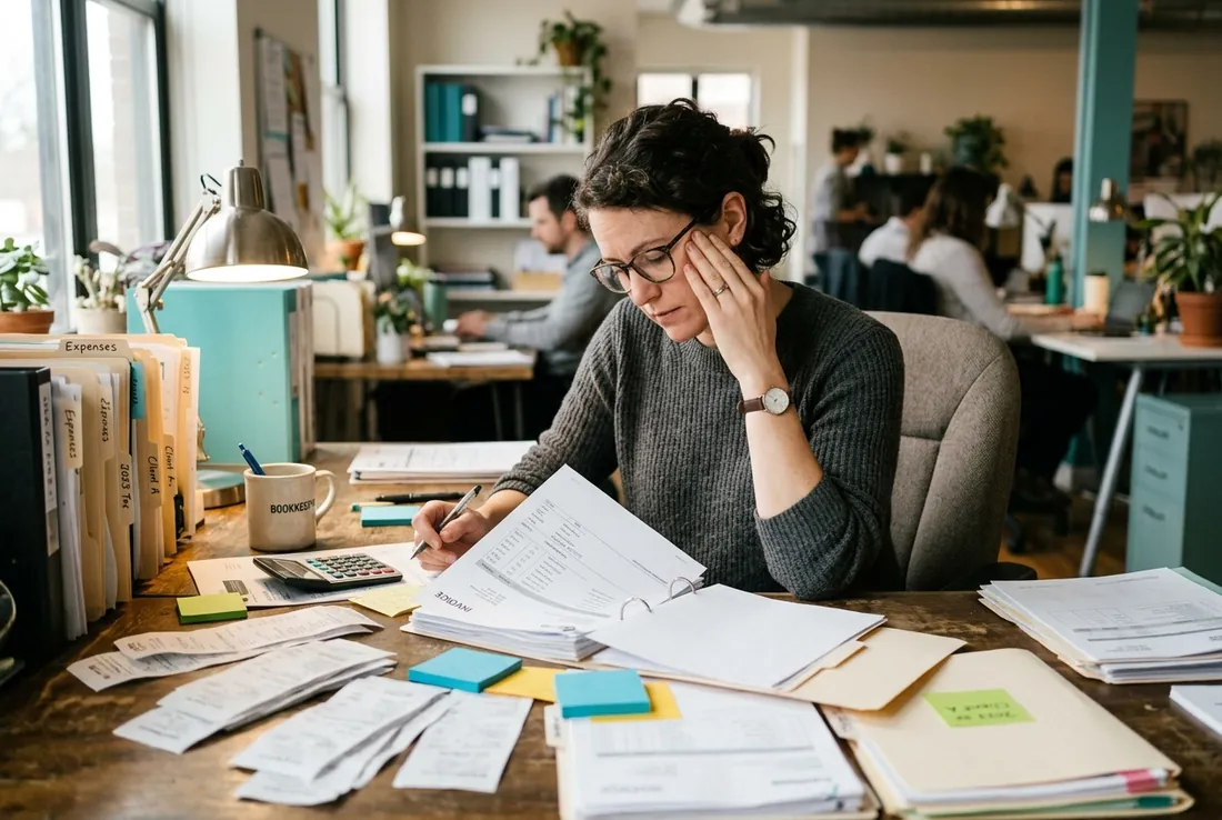 A small business manager overwhelmed by physical paperwork and invoices on an office desk.