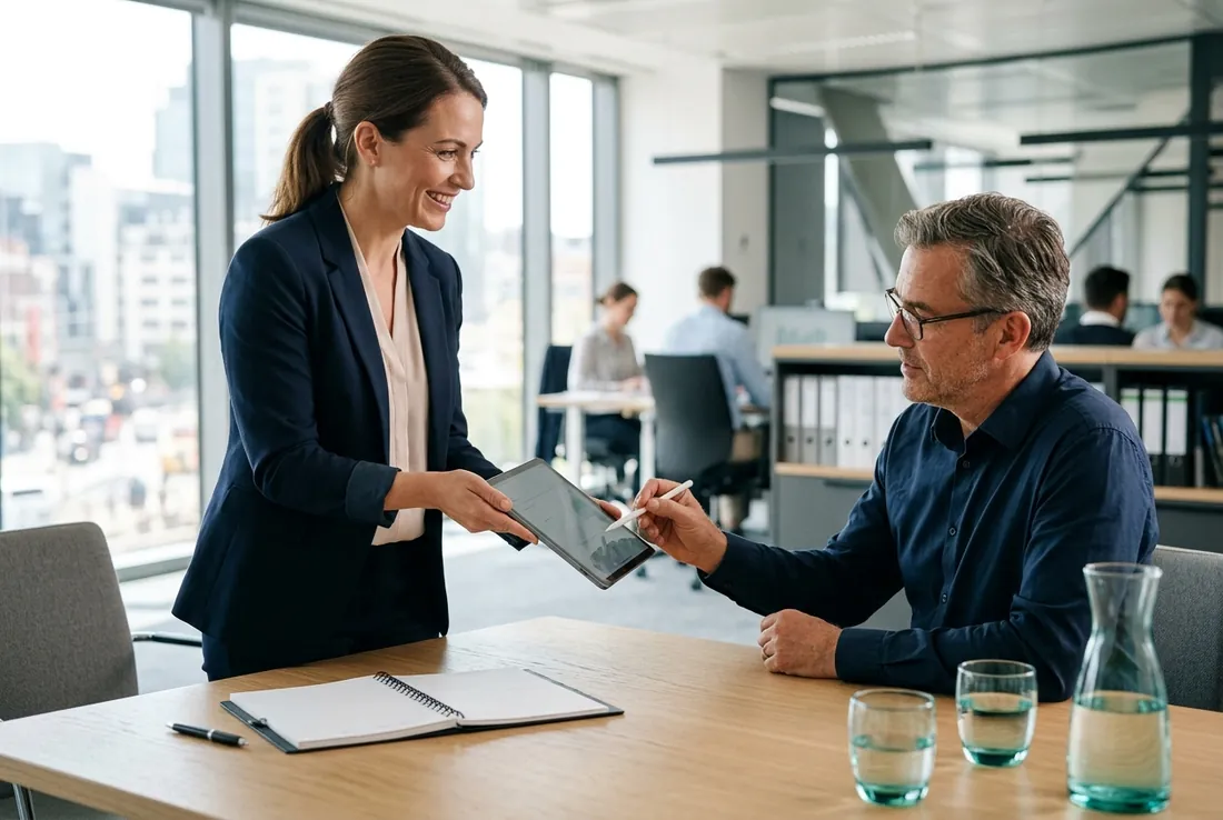 A client using a tablet to sign onboarding documents digitally in a local business office.