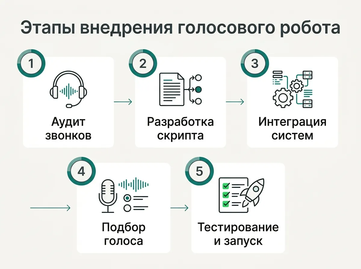 Этапы внедрения голосового робота: 1. Аудит звонков — Прослушайте записи разговоров и выделите повторяющиеся рутинные вопросы для пилотного проекта; 2. Разработка скрипта — Создайте блок-схему диалога с короткими репликами и обязательной веткой перевода на оператора; 3. Интеграция систем — Свяжите платформу робота с виртуальной АТС, CRM и учетными базами через API; 4. Подбор голоса — Запишите фразы с живым диктором или настройте синтез речи для динамических данных; 5. Тестирование и запуск — Проверьте логику на сотрудниках и откройте доступ на небольшой доле звонков