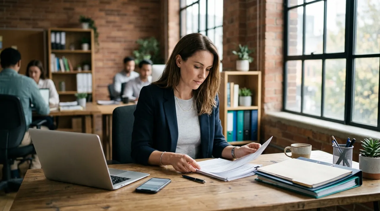 A small business manager reviewing accounts payable files at an office desk to automate invoice processing.