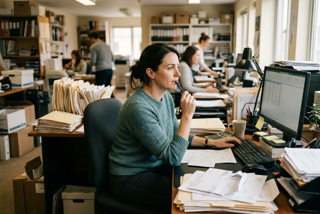 An office worker managing paper bills and invoices manually at a cluttered office desk.