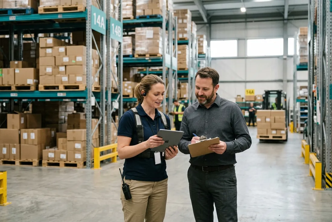 Warehouse supervisor and manager cross-checking inventory boxes against order records.