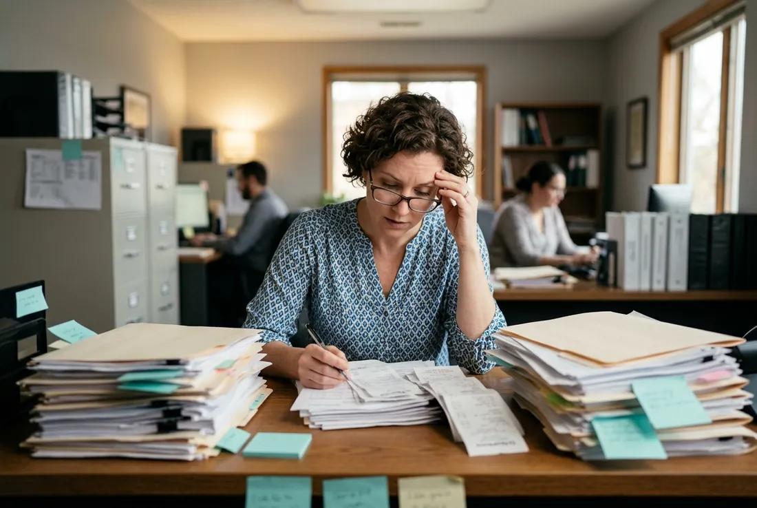 Office manager sorting through paper invoices, showing manual operational bottlenecks in a small business.