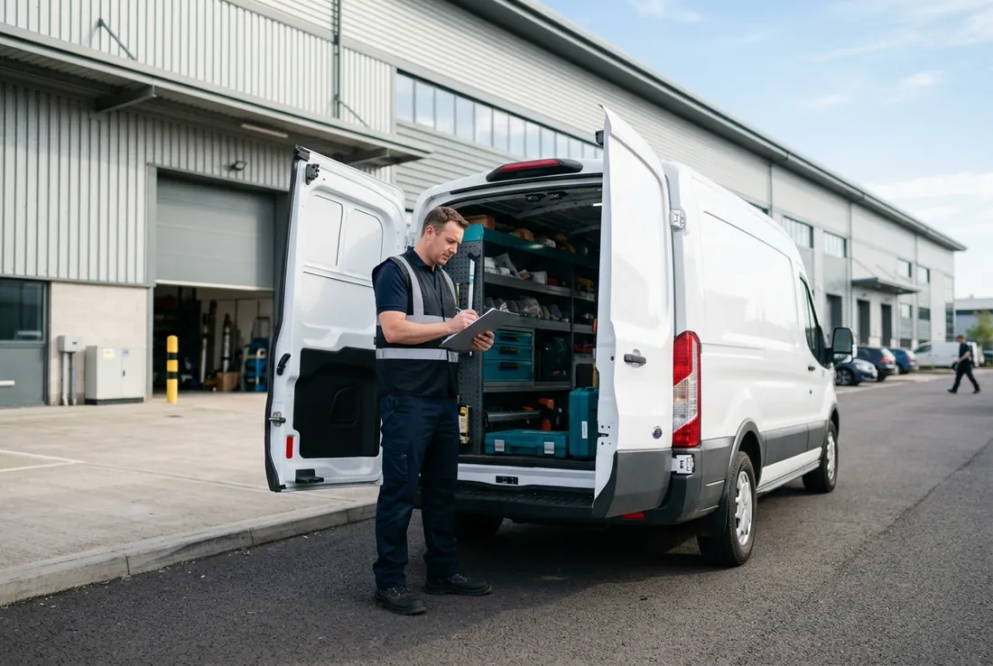 Field service technician inspecting van equipment highlighting automated lead dispatch and job handoffs.